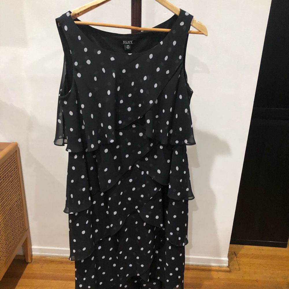 SLNY Black and White Polka Dot Midi Dress
